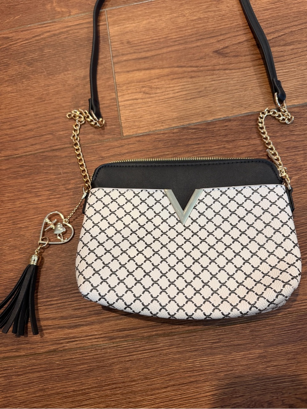 Crossi NY Black & White Patterned Crossbody Bag with Gold Chain Trim